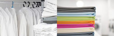 Folded towels and linens in a commercial laundry facility