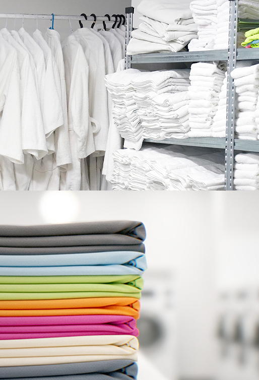 Folded towels and linens in a commercial laundry facility
